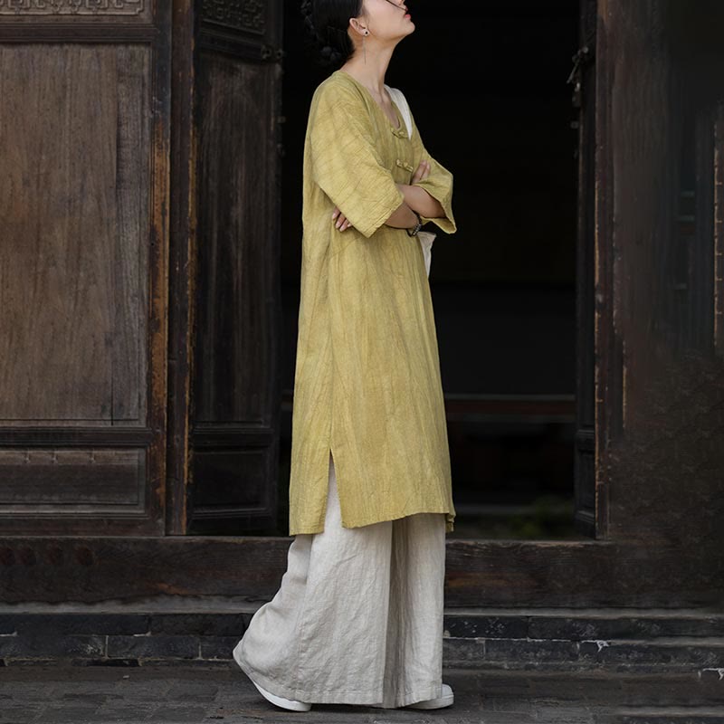 Robe mi-longue à boutons-grenouilles en lin ramie teintée à la main Buddha Stones, pantalon à jambe large avec poches - image 25