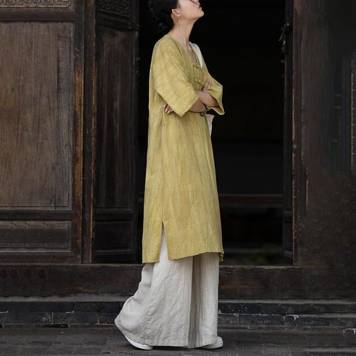 Robe mi-longue à boutons-grenouilles en lin ramie teintée à la main Buddha Stones, pantalon à jambe large avec poches - image 25