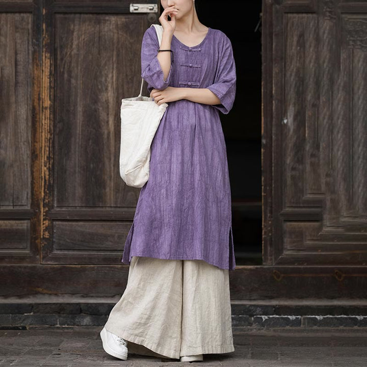 Robe mi-longue à boutons-grenouilles en lin ramie teintée à la main Buddha Stones, pantalon à jambe large avec poches - image 4