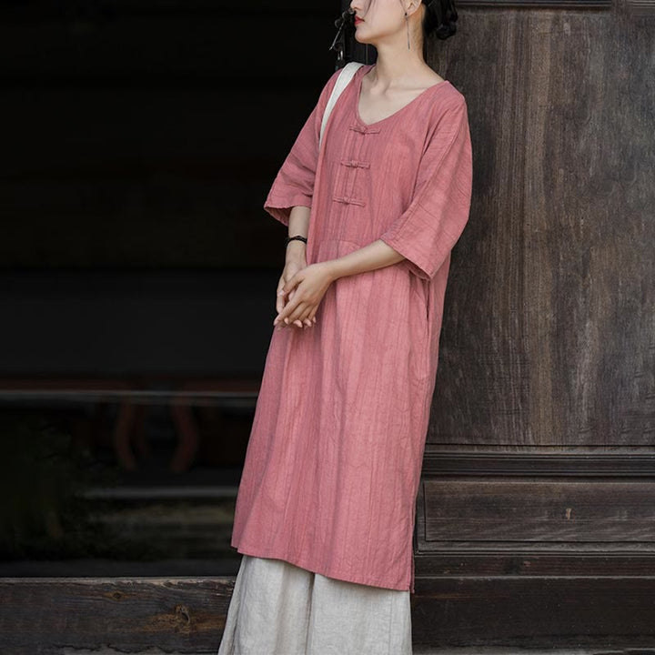 Robe mi-longue à boutons-grenouilles en lin ramie teintée à la main Buddha Stones, pantalon à jambe large avec poches - image 18