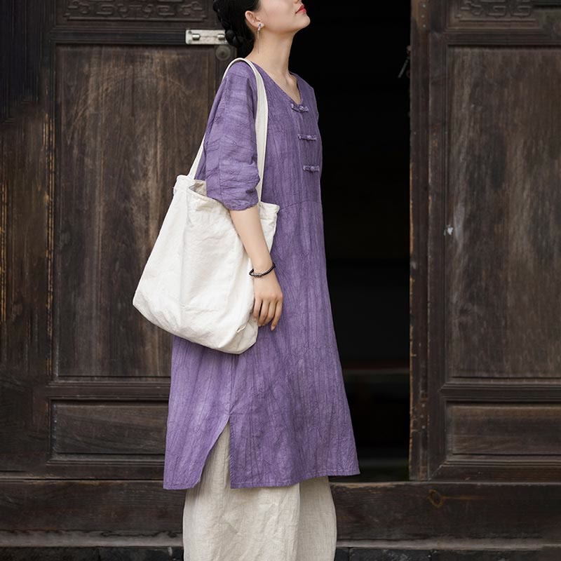 Robe mi-longue à boutons-grenouilles en lin ramie teintée à la main Buddha Stones, pantalon à jambe large avec poches - image 8