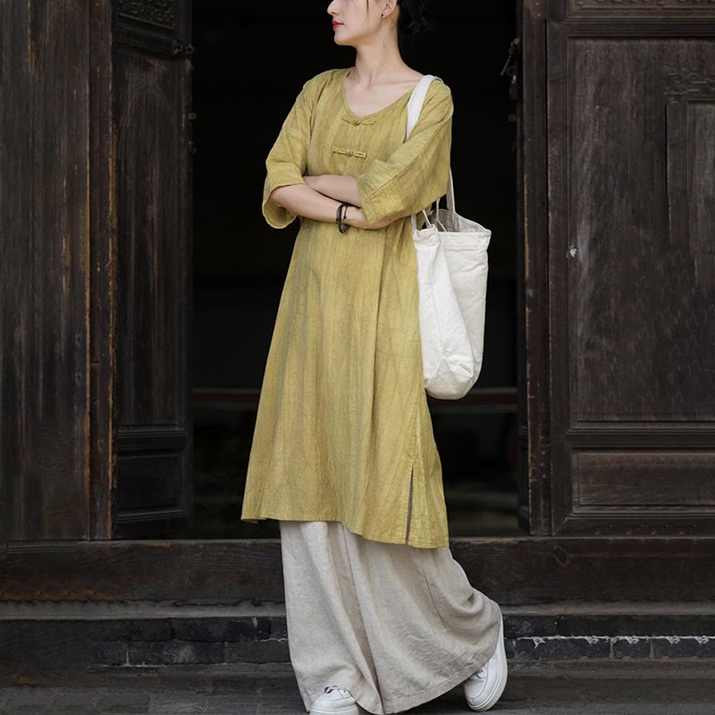 Robe mi-longue à boutons-grenouilles en lin ramie teintée à la main Buddha Stones, pantalon à jambe large avec poches - image 26