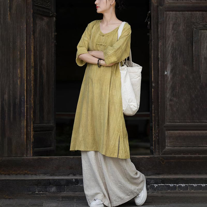 Robe mi-longue à boutons-grenouilles en lin ramie teintée à la main Buddha Stones, pantalon à jambe large avec poches - image 26