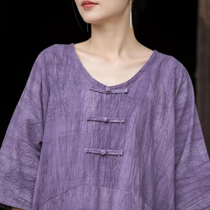 Robe mi-longue à boutons-grenouilles en lin ramie teintée à la main Buddha Stones, pantalon à jambe large avec poches - image 10