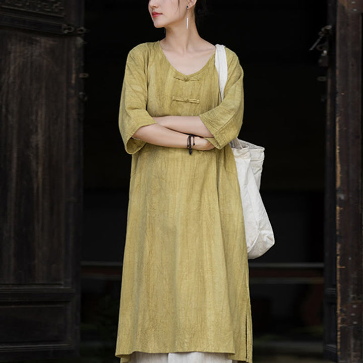 Robe mi-longue à boutons-grenouilles en lin ramie teintée à la main Buddha Stones, pantalon à jambe large avec poches - Robe jaune (robe uniquement) - US4-8/10，UK/AU8-12/14，EU36-40/42 (F) - image 28