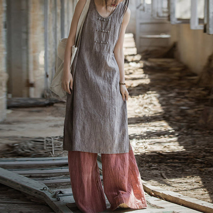 Robe sans manches en lin ramie Buddha Stones, longueur genou, avec poches et boutons grenouille - Robe chardon et pantalon rouge - US4-8/10，UK/AU8-12/14，EU36-40/42 (F) - image 26