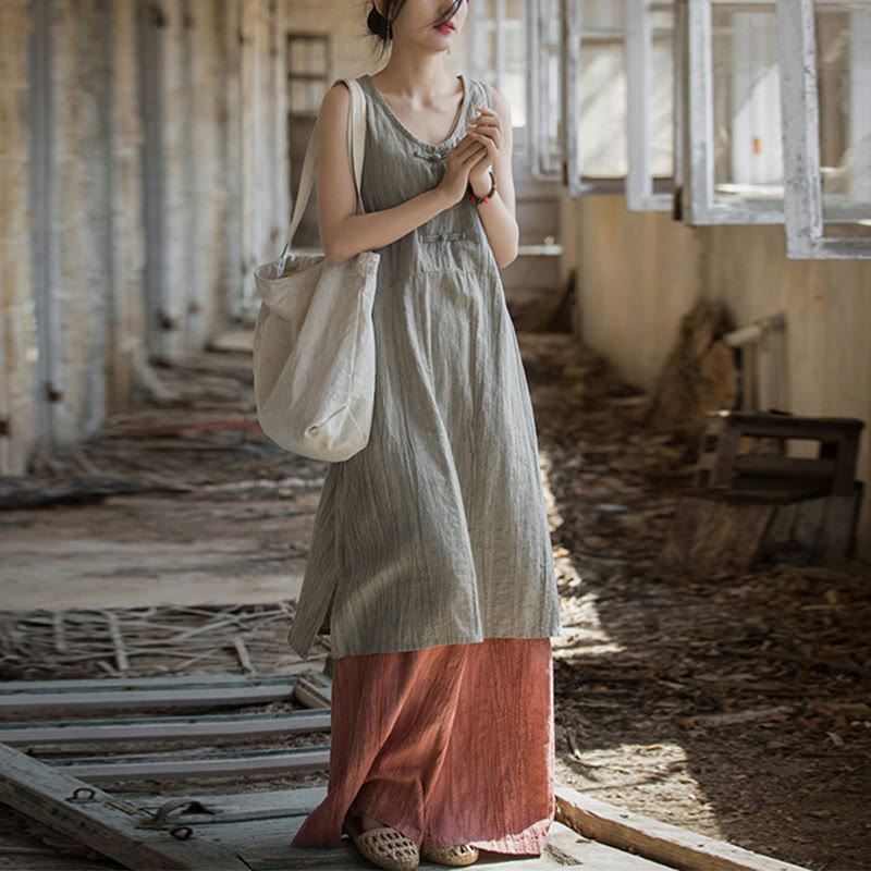 Robe sans manches en lin ramie Buddha Stones, longueur genou, avec poches et boutons grenouille - Robe en lin et pantalon rouge - US4-8/10，UK/AU8-12/14，EU36-40/42 (F) - image 11