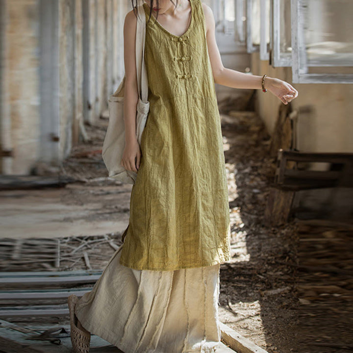 Robe sans manches en lin ramie Buddha Stones, longueur genou, avec poches et boutons grenouille - Robe jaune et pantalon beige - US4-8/10，UK/AU8-12/14，EU36-40/42 (F) - image 0
