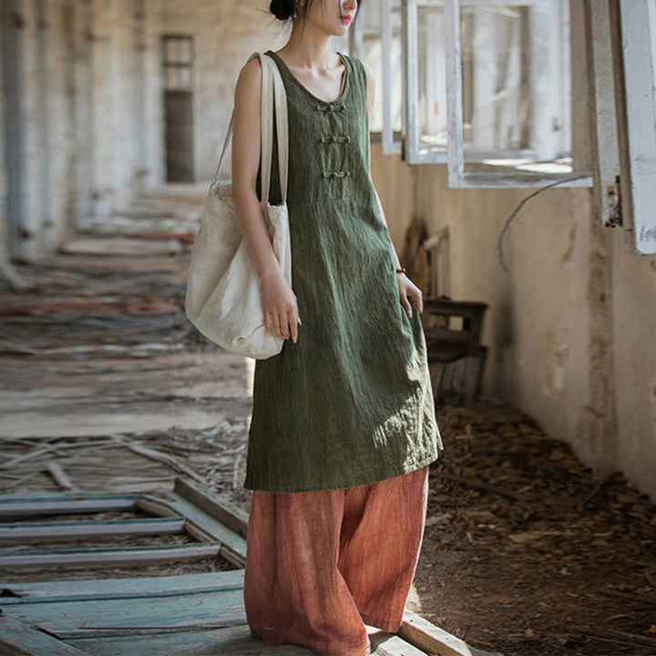 Robe sans manches en lin ramie Buddha Stones, longueur genou, avec poches et boutons grenouille - Robe vert foncé et pantalon rouge - US4-8/10，UK/AU8-12/14，EU36-40/42 (F) - image 18