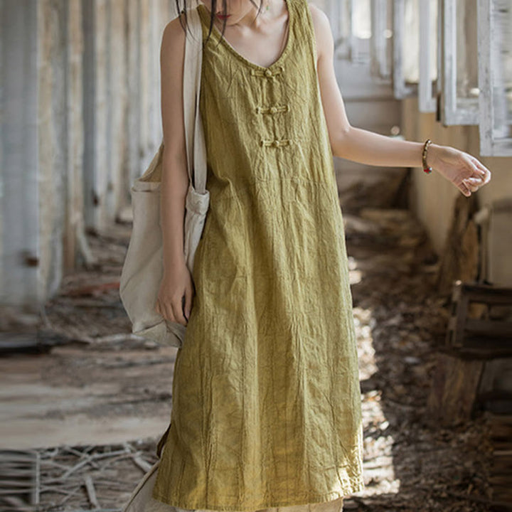 Robe sans manches en lin ramie Buddha Stones, longueur genou, avec poches et boutons grenouille - Robe jaune (robe uniquement) - US4-8/10，UK/AU8-12/14，EU36-40/42 (F) - image 7