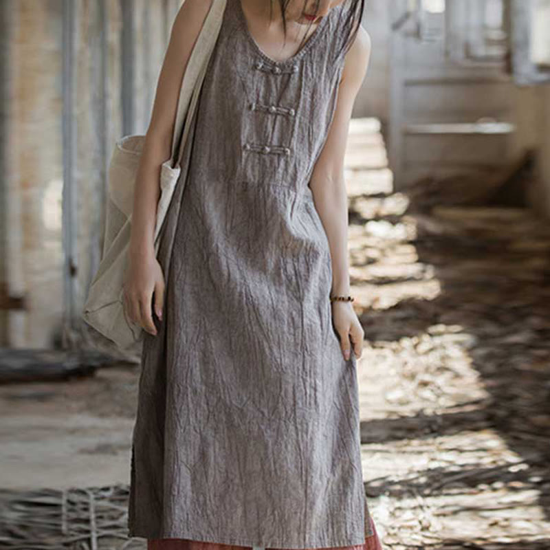 Robe sans manches en lin ramie Buddha Stones, longueur genou, avec poches et boutons grenouille - Robe Chardon (Robe uniquement) - US4-8/10，UK/AU8-12/14，EU36-40/42 (F) - image 31