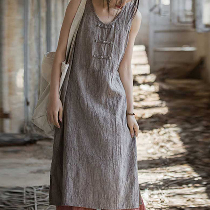 Robe sans manches en lin ramie Buddha Stones, longueur genou, avec poches et boutons grenouille - Robe Chardon (Robe uniquement) - US4-8/10，UK/AU8-12/14，EU36-40/42 (F) - image 31