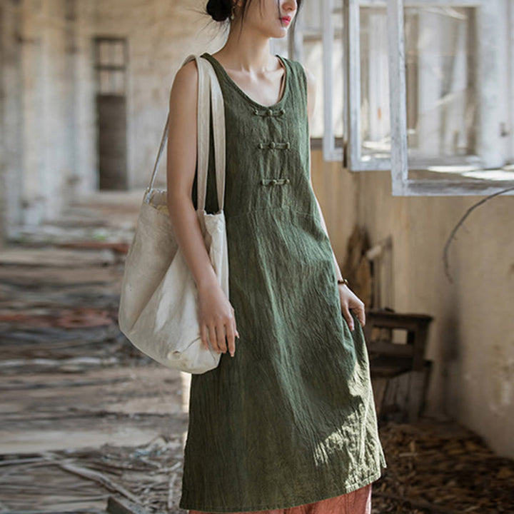 Robe sans manches en lin ramie Buddha Stones, longueur genou, avec poches et boutons grenouille - Robe vert foncé (Robe uniquement) - US4-8/10，UK/AU8-12/14，EU36-40/42 (F) - image 23