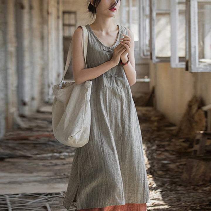 Robe sans manches en lin ramie Buddha Stones, longueur genou, avec poches et boutons grenouille - Robe en lin (robe seulement) - US4-8/10，UK/AU8-12/14，EU36-40/42 (F) - image 14