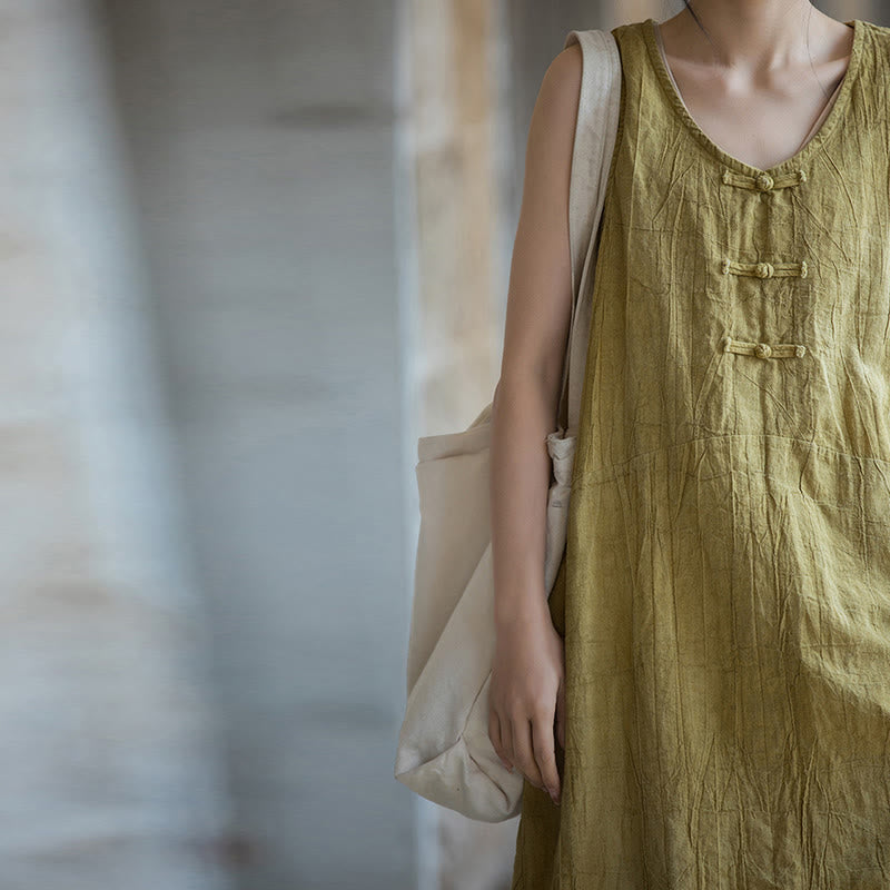 Robe sans manches en lin ramie Buddha Stones, longueur genou, avec poches et boutons grenouille - image 8