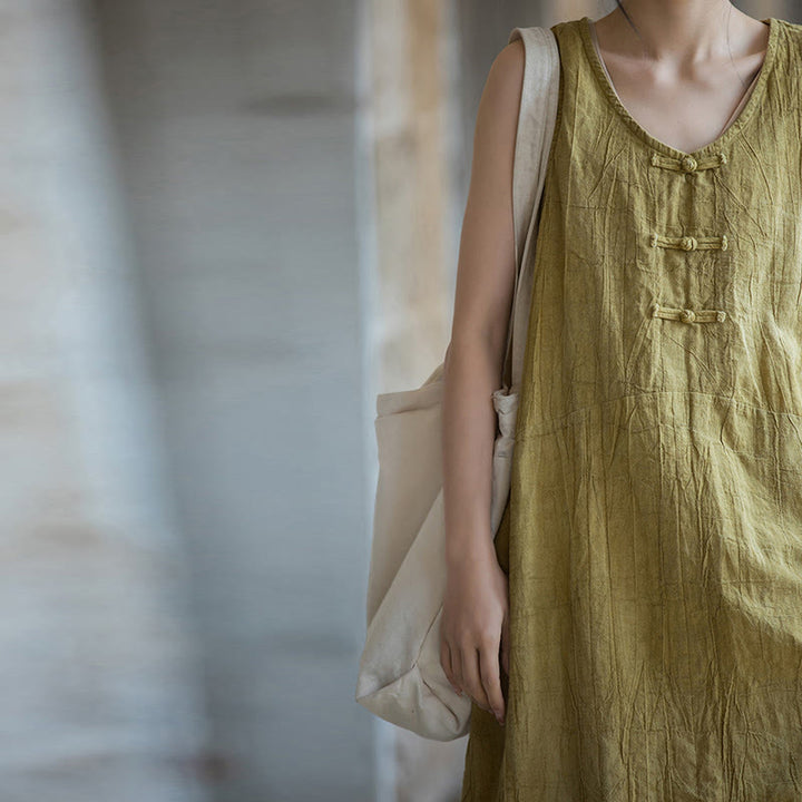 Robe sans manches en lin ramie Buddha Stones, longueur genou, avec poches et boutons grenouille - image 8