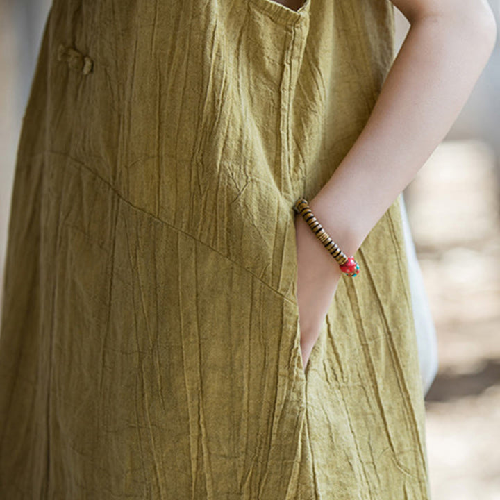 Robe midi sans manches à boutons-grenouillères Buddha Stones Pantalon large en lin ramie avec poches - image 9