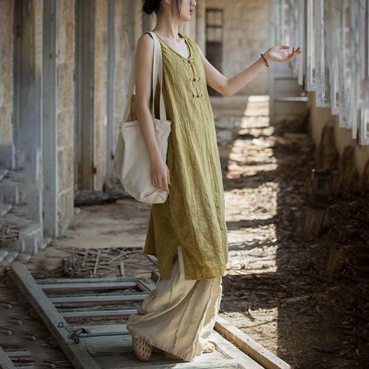 Robe midi sans manches à boutons-grenouillères Buddha Stones Pantalon large en lin ramie avec poches - image 2