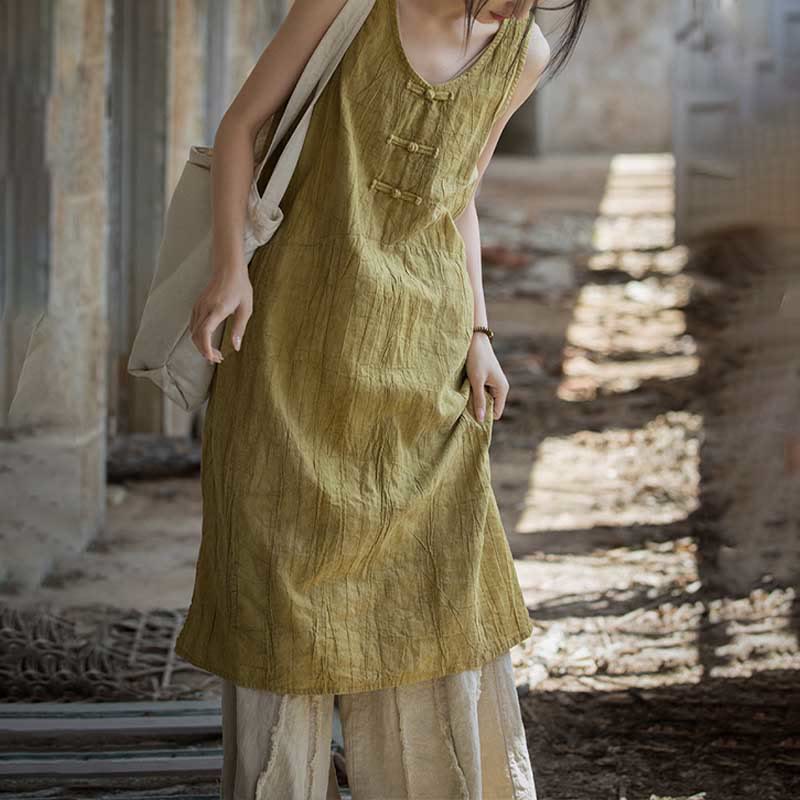 Robe midi sans manches à boutons-grenouillères Buddha Stones Pantalon large en lin ramie avec poches - image 5