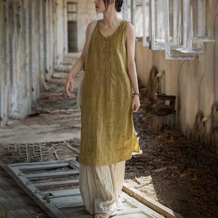 Robe midi sans manches à boutons-grenouillères Buddha Stones Pantalon large en lin ramie avec poches - image 4