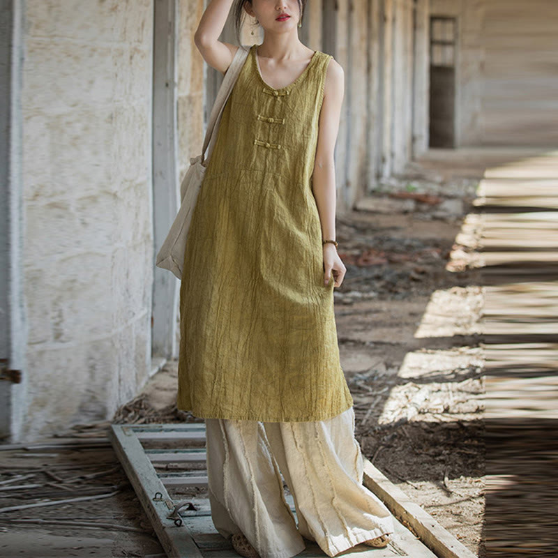 Robe midi sans manches à boutons-grenouillères Buddha Stones Pantalon large en lin ramie avec poches - image 1