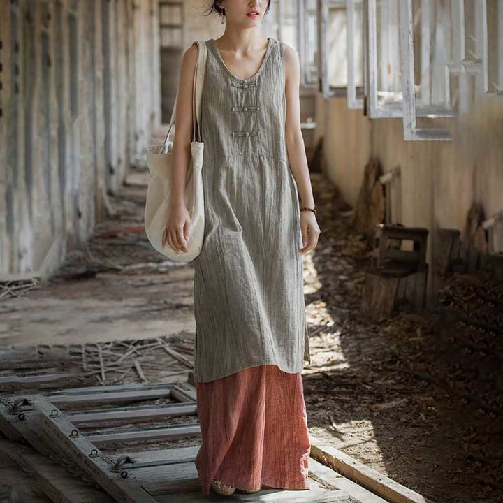Robe sans manches en lin ramie Buddha Stones, longueur genou, avec poches et boutons grenouille - image 12