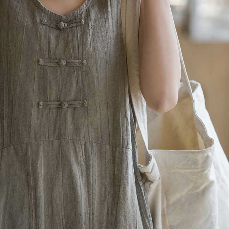 Robe sans manches en lin ramie Buddha Stones, longueur genou, avec poches et boutons grenouille - image 16