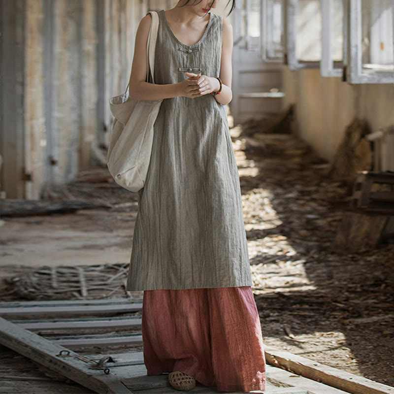 Robe sans manches en lin ramie Buddha Stones, longueur genou, avec poches et boutons grenouille - image 13