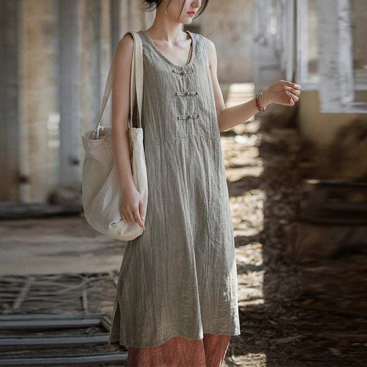 Robe sans manches en lin ramie Buddha Stones, longueur genou, avec poches et boutons grenouille - image 15