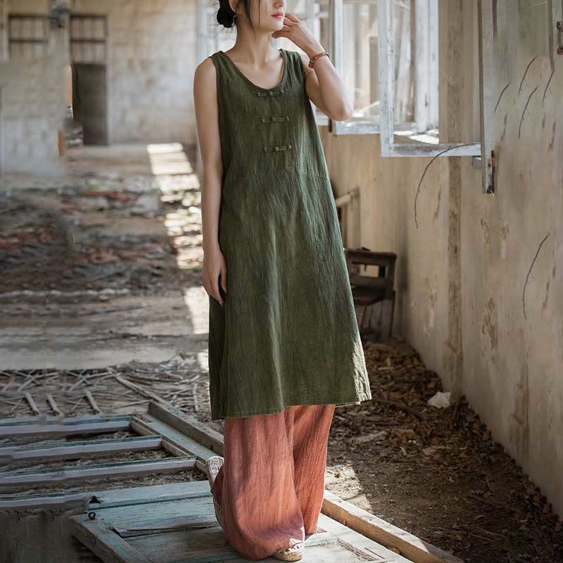 Robe midi sans manches à boutons-grenouillères Buddha Stones Pantalon large en lin ramie avec poches - image 21