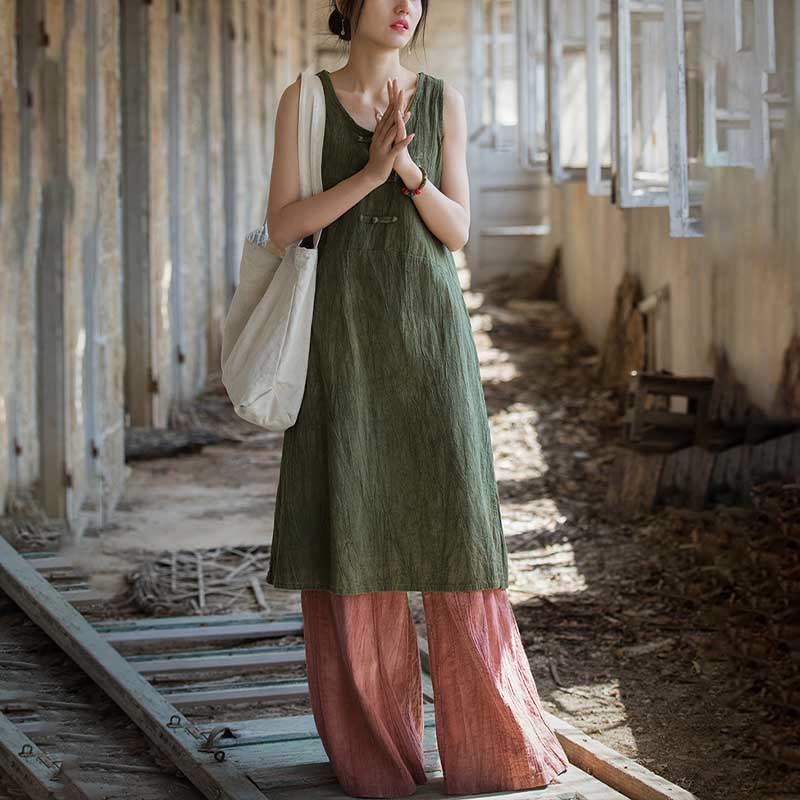 Robe midi sans manches à boutons-grenouillères Buddha Stones Pantalon large en lin ramie avec poches - image 22