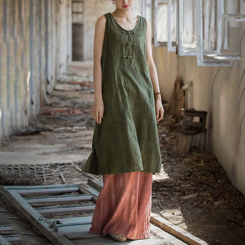 Robe midi sans manches à boutons-grenouillères Buddha Stones Pantalon large en lin ramie avec poches - image 19