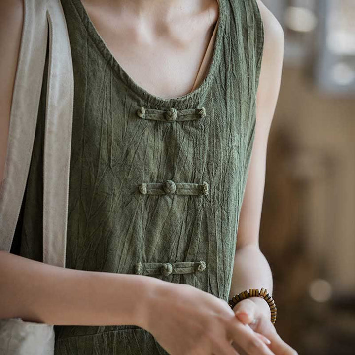 Robe midi sans manches à boutons-grenouillères Buddha Stones Pantalon large en lin ramie avec poches - image 24