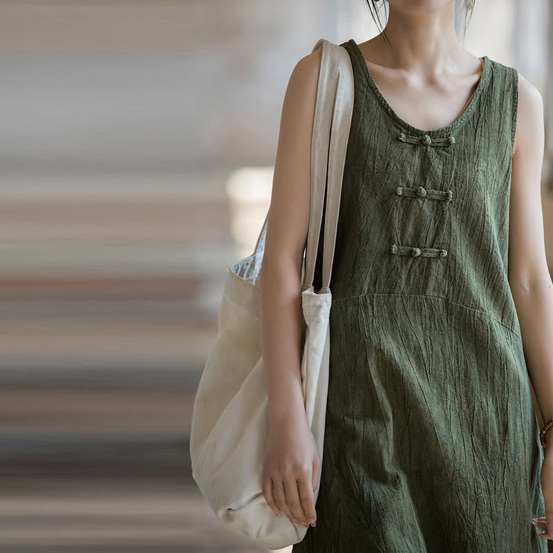 Robe sans manches en lin ramie Buddha Stones, longueur genou, avec poches et boutons grenouille - image 25