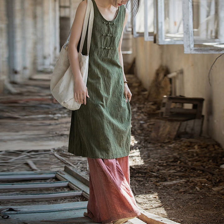 Robe sans manches en lin ramie Buddha Stones, longueur genou, avec poches et boutons grenouille - image 20