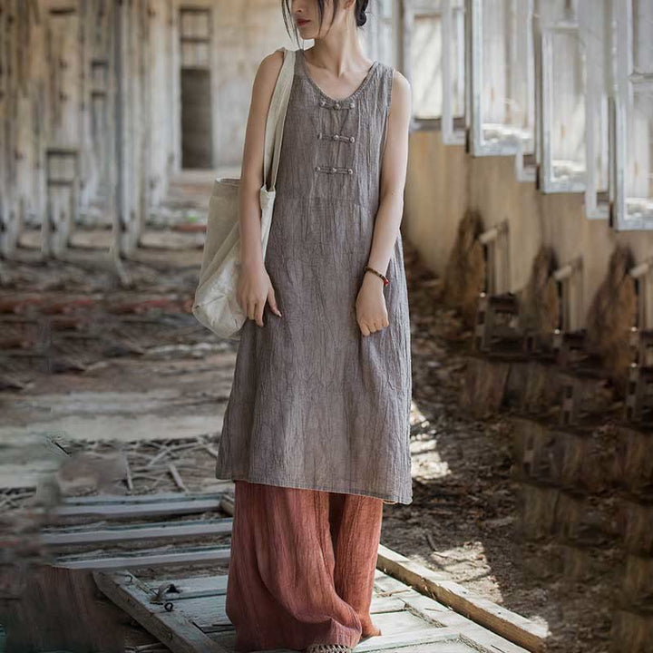 Robe sans manches en lin ramie Buddha Stones, longueur genou, avec poches et boutons grenouille - image 27