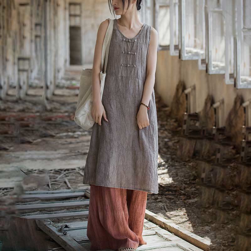 Robe midi sans manches à boutons-grenouillères Buddha Stones Pantalon large en lin ramie avec poches - image 27