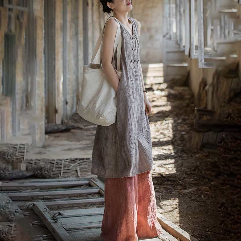 Robe sans manches en lin ramie Buddha Stones, longueur genou, avec poches et boutons grenouille - image 28