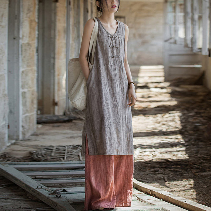 Robe midi sans manches à boutons-grenouillères Buddha Stones Pantalon large en lin ramie avec poches - image 29
