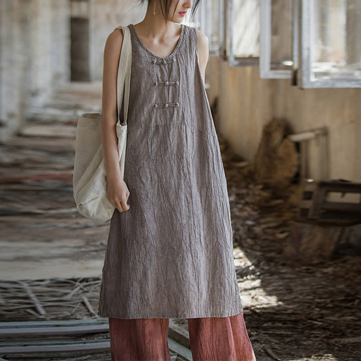Robe sans manches en lin ramie Buddha Stones, longueur genou, avec poches et boutons grenouille - image 30