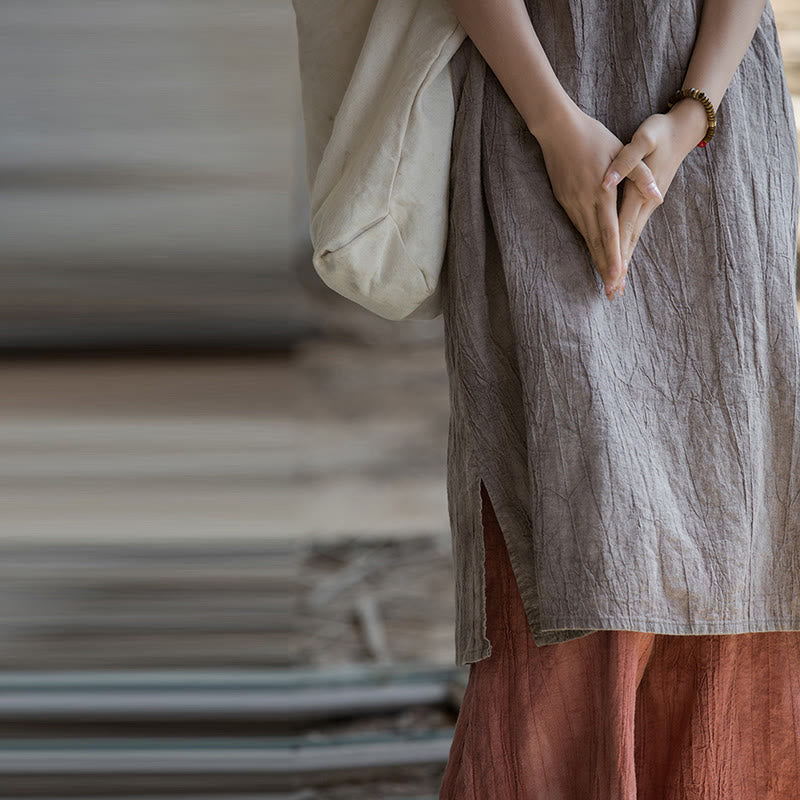 Robe midi sans manches à boutons-grenouillères Buddha Stones Pantalon large en lin ramie avec poches - image 33