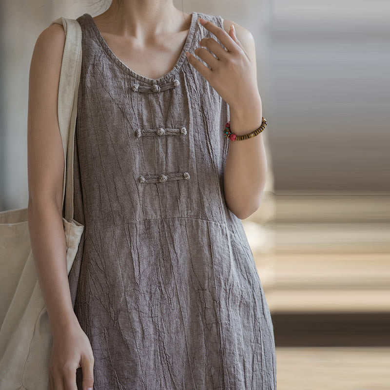 Robe sans manches en lin ramie Buddha Stones, longueur genou, avec poches et boutons grenouille - image 32