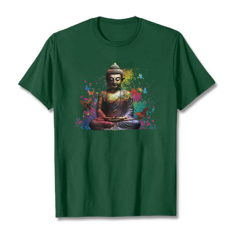 T-shirt Bouddha en Buddha Stones colorées avec papillon volant et méditation - Vert forêt - 2XL - image 9