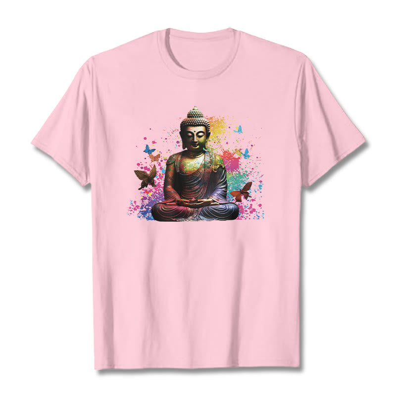 T-shirt Bouddha en Buddha Stones colorées avec papillon volant et méditation - Rose clair - 2XL - image 11