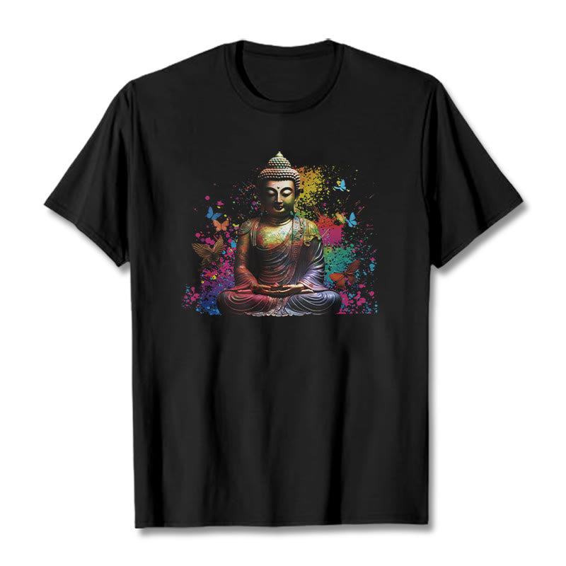 T-shirt Bouddha en Buddha Stones colorées avec papillon volant et méditation - Noir - 2XL - image 0
