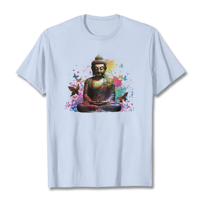 T-shirt Bouddha en Buddha Stones colorées avec papillon volant et méditation - Cyan clair - 2XL - image 17