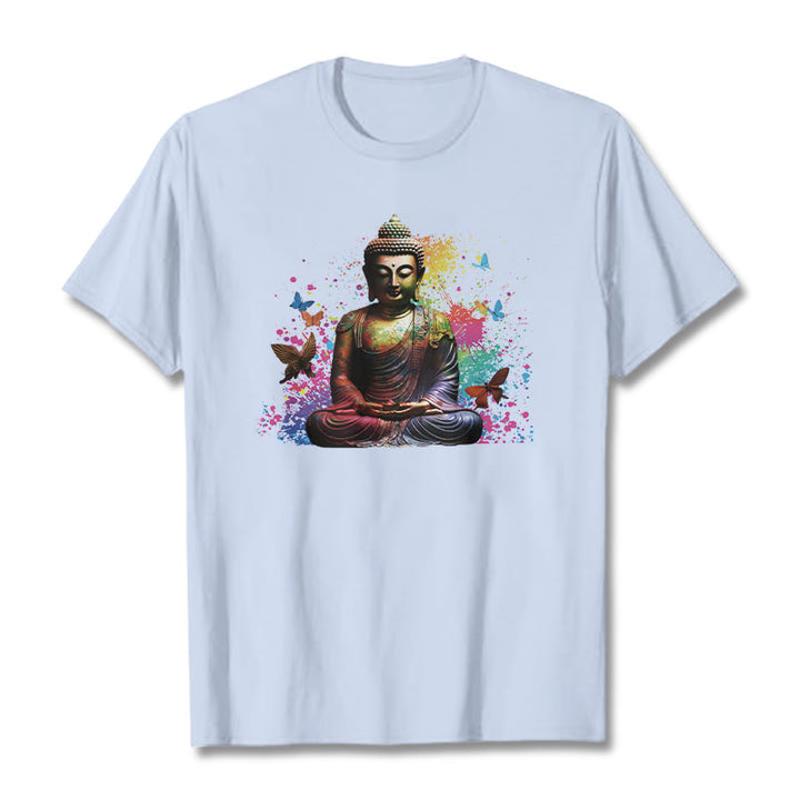 T-shirt Bouddha en Buddha Stones colorées avec papillon volant et méditation - Cyan clair - 2XL - image 17
