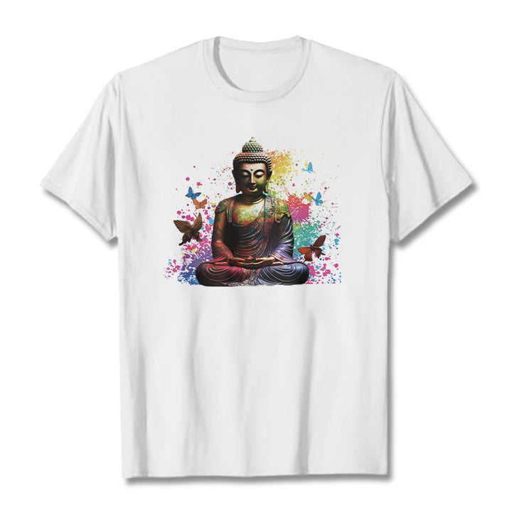 T-shirt Bouddha en Buddha Stones colorées avec papillon volant et méditation - Blanc - 2XL - image 5