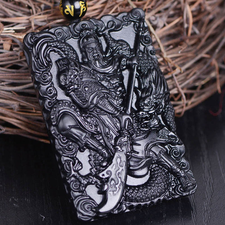 Collier pendentif amulette Guan Gong en obsidienne noire avec Buddha Stones gravées