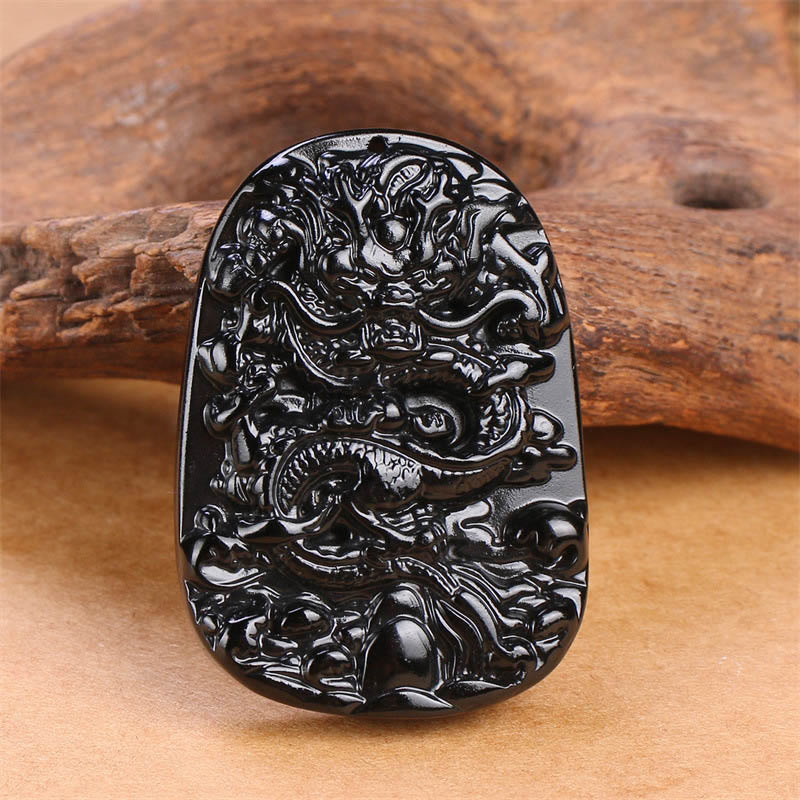 Collier pendentif de protection de la chance sculpté en obsidienne noire avec des Buddha Stones - image 2